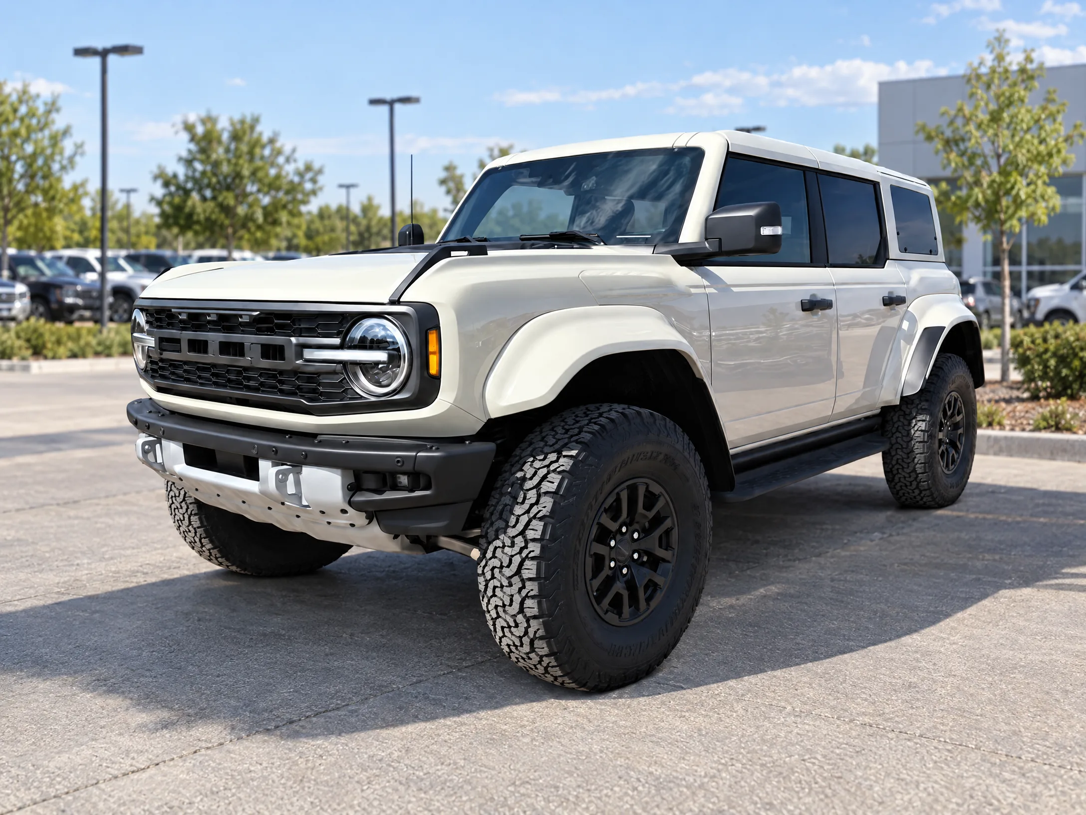 An unbranded pickup in a contemporary dealership lot.